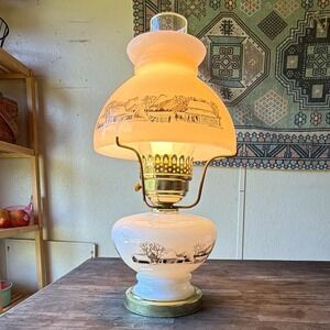 Currier & Ives White Glass & Metal Table Lamp Scenic Shade, Corded Rotary Works